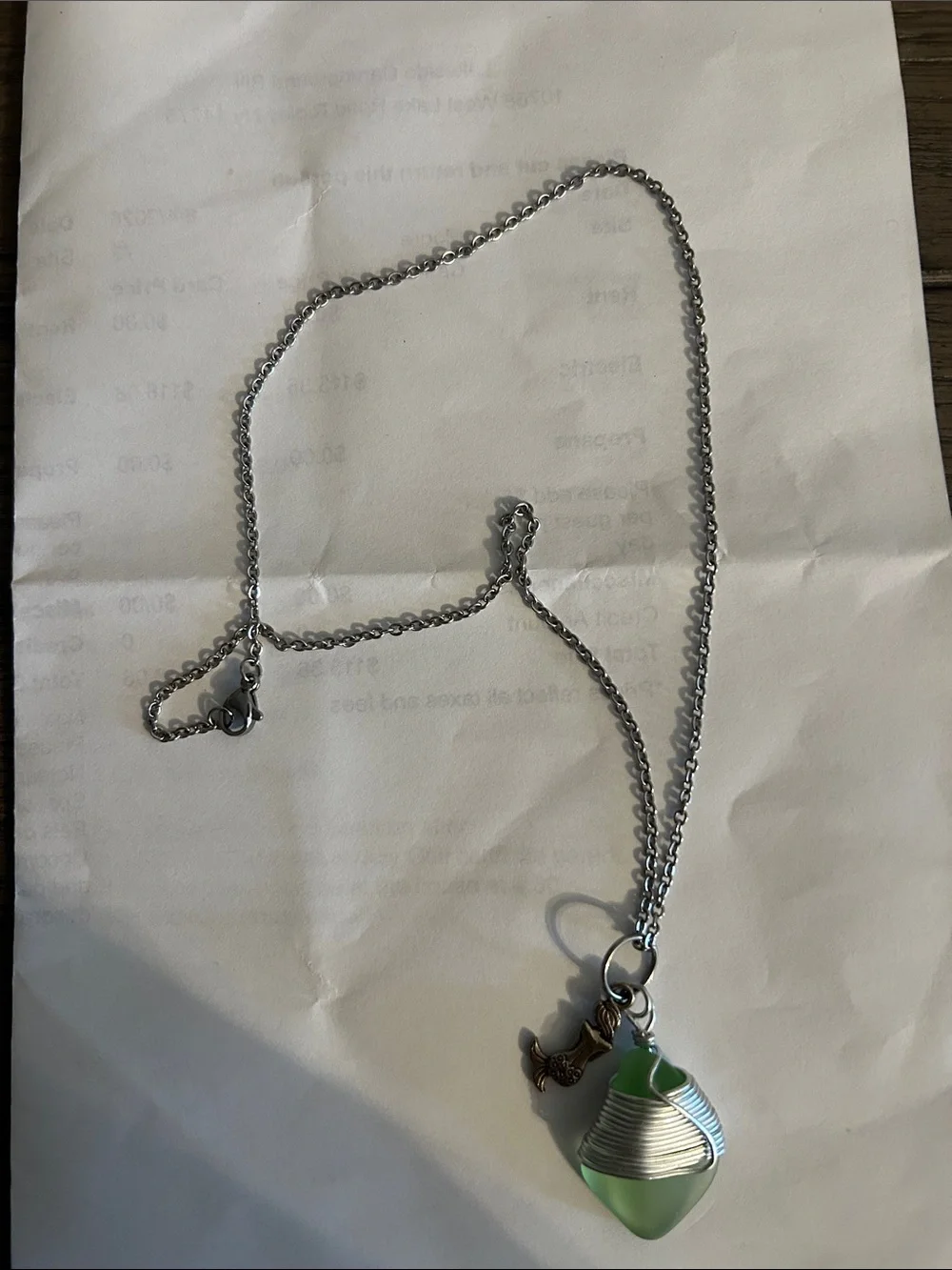 Silver Chain Necklace with Green Glass Pendant